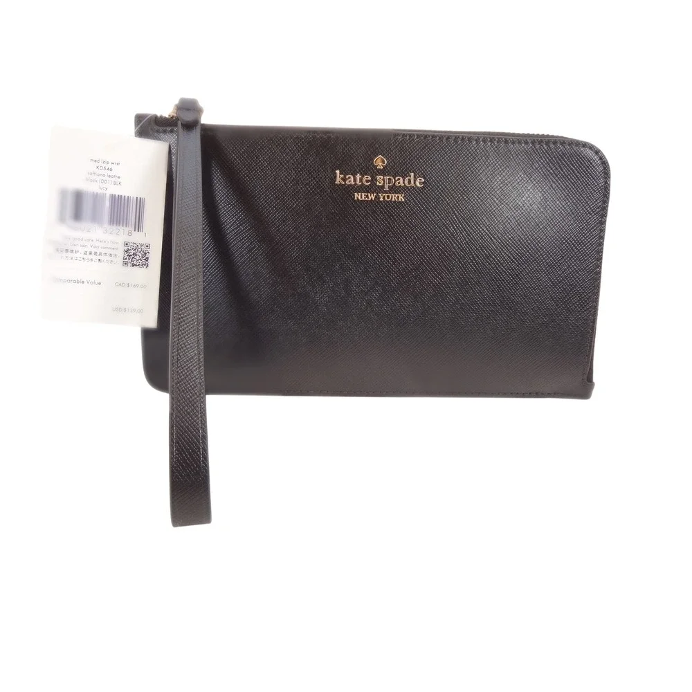 Kate Spade‎ Lucy L-Zip Wristlet Womens Medium Black NWT Saffiano Leather KD546